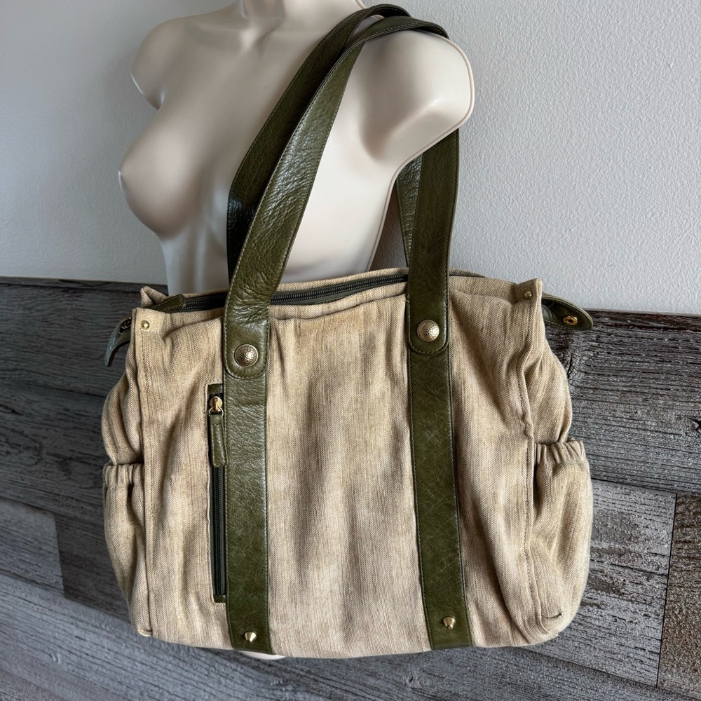 Osgoode Marley Cream Fabric Tote Bag with Leather Olive Straps